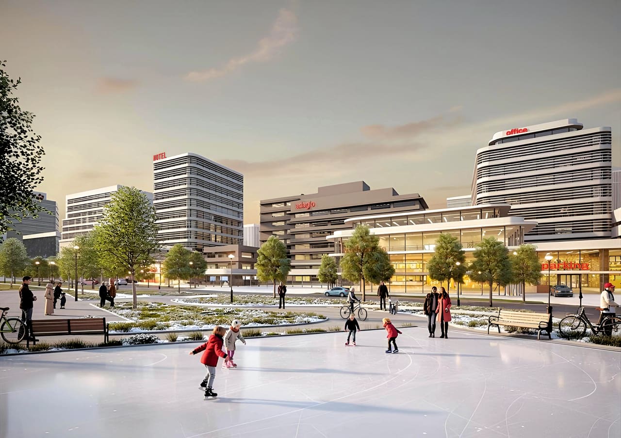 Impressie van het seizoensplein als schaatsbaan in de winter, met de campus op de achtergrond