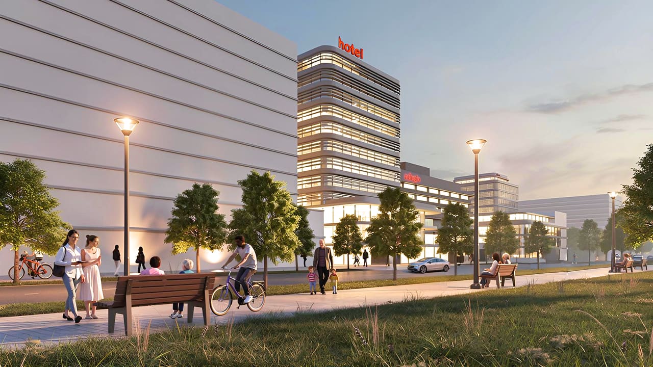 Impressie vanaf de openbare ruimte richting de nieuwe kantoren en het hotel