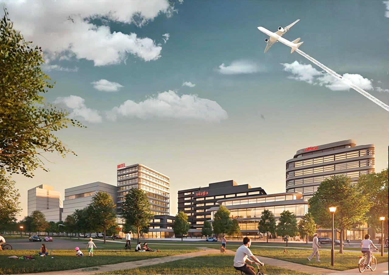 Impressie van Bavinck Campus met een overvliegend vliegtuig: de ligging onder de aanvliegroute van Schiphol